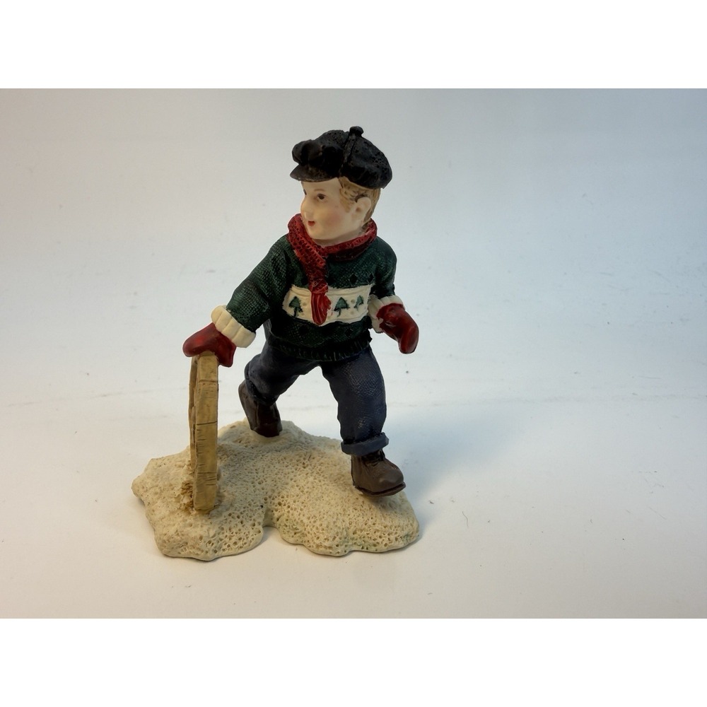 Mervyn's Village Square Collection Boy With Wagon‎ Wheel Miniature Figurine